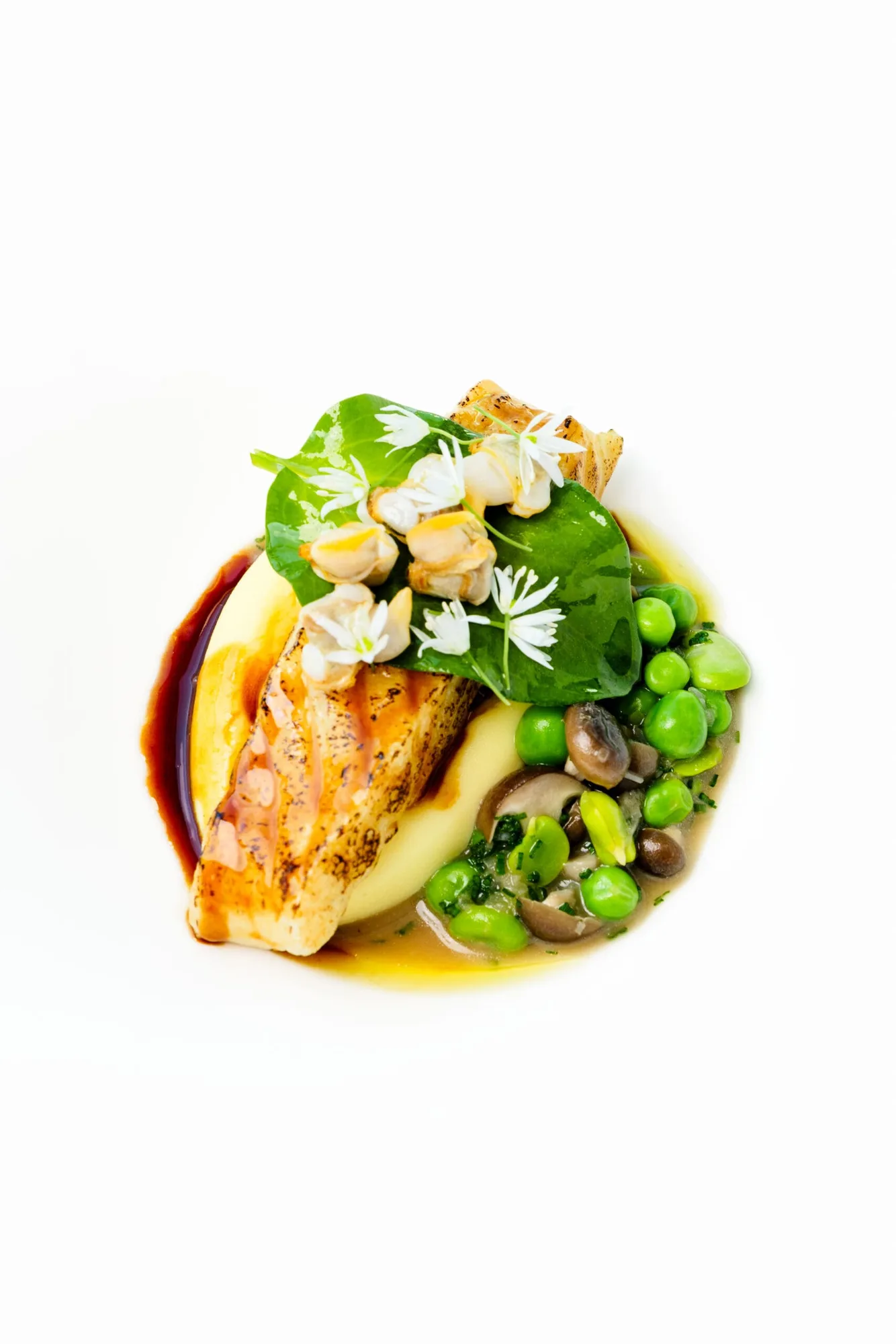 A gourmet dish featuring seared fish on creamy mashed potato, garnished with green peas, mushrooms, spinach leaves, white edible flowers, and chickpeas, served with a rich brown sauce on a white plate.