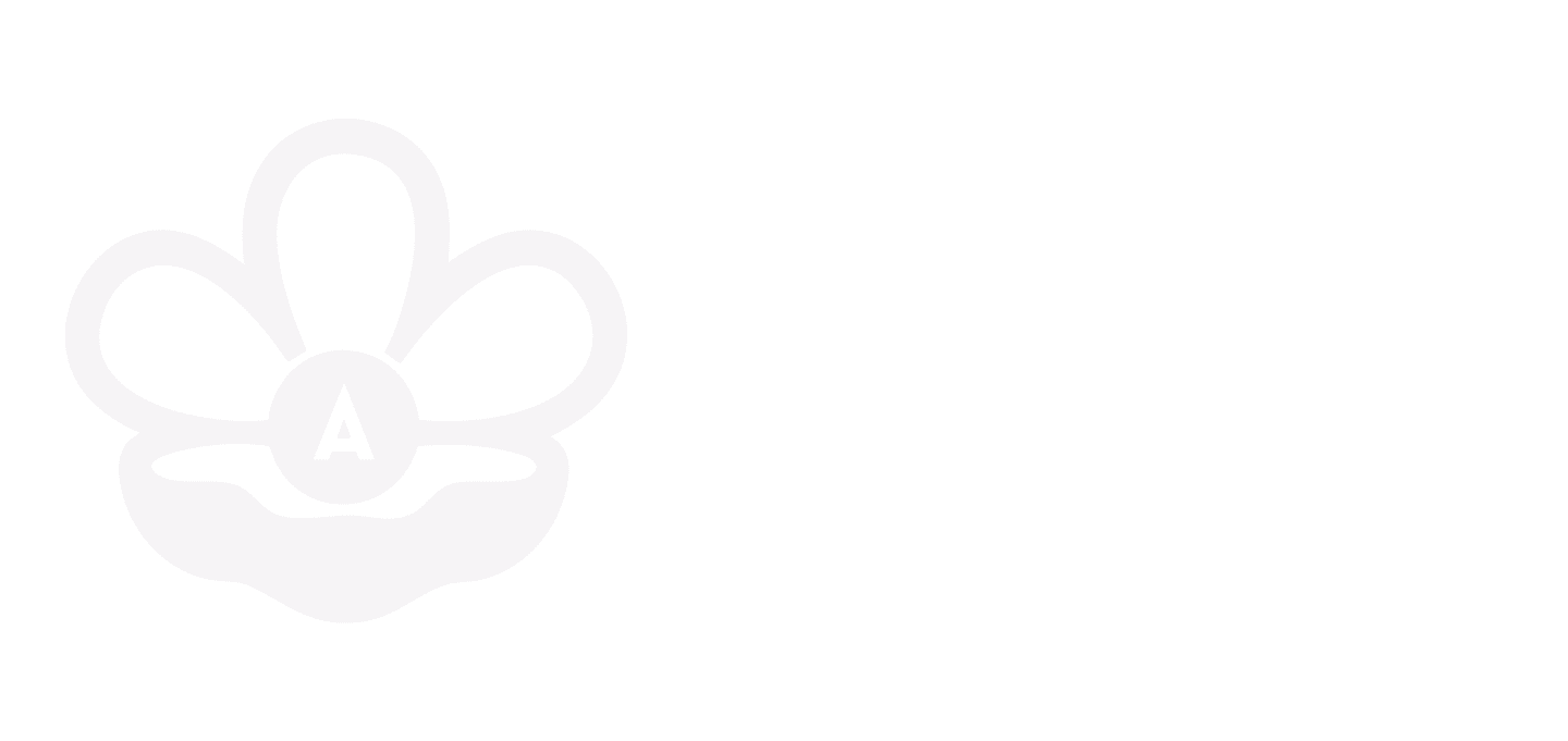 A light grey, stylised flower-like logo with the letter 