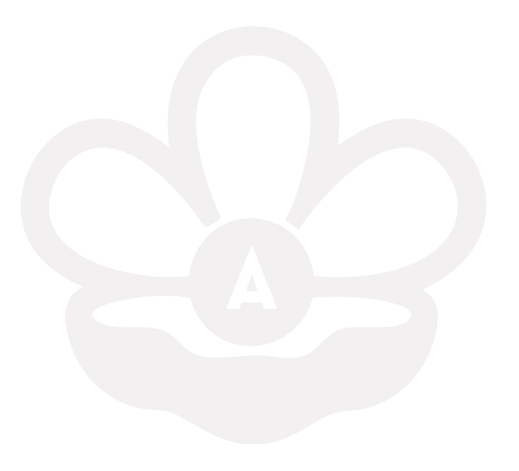 A grey, stylised flower-like shape with five rounded petals. In the centre is a circle containing the letter 