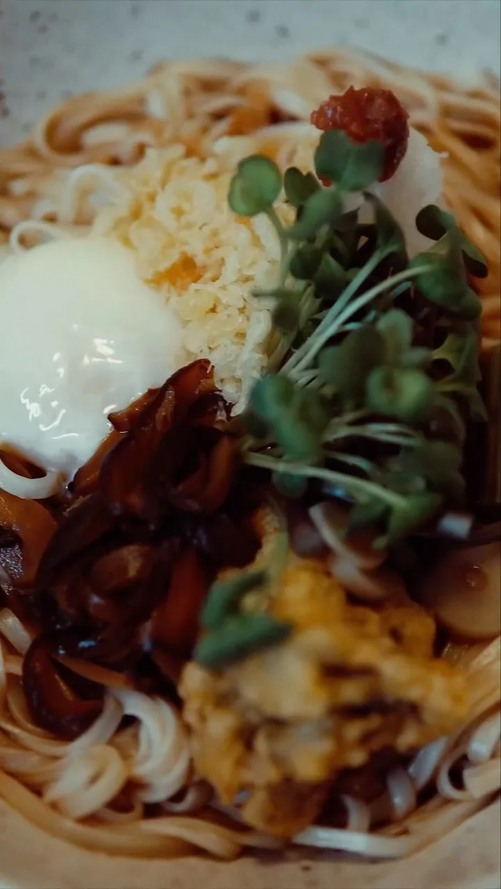 You can’t go wrong with the Sansai Bukkake cold udon — mountain vegetables, maitake mushroom tempura, shiitake mushroom, daikon, umeboshi, and poached egg.