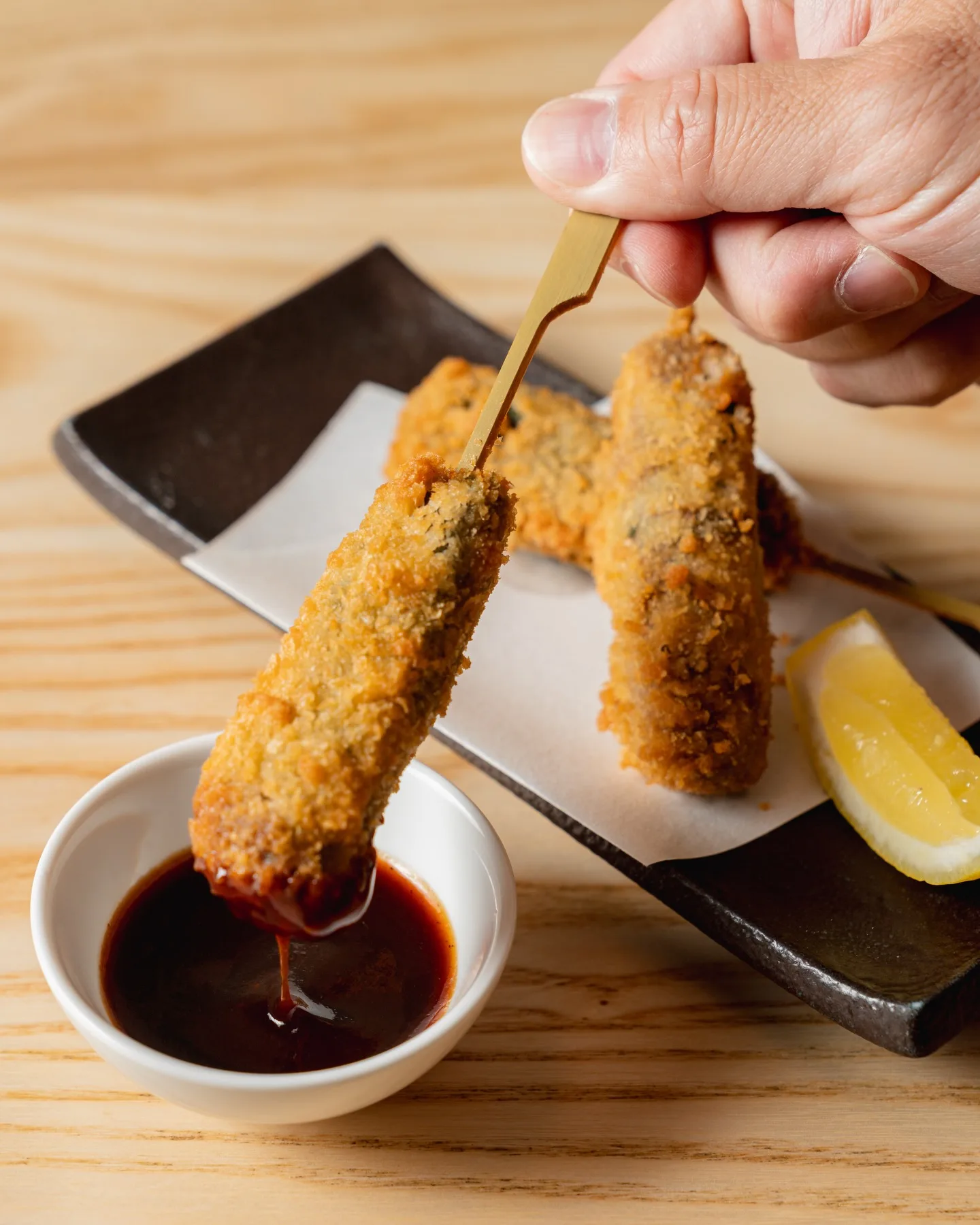 East Village exclusive❗The Wagyu Kushiage comes in three deep-fried skewered Mishima Wagyu beef with shiso leaves, served with tonkatsu sauce and lemon wedge.