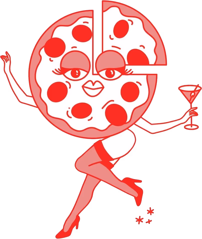 Cartoon pizza with a slice missing, featuring a face with eyes and lips, wearing red high heels and stockings, holding a cocktail glass.