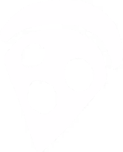 Black and white simple illustration of a pizza slice with three round toppings.